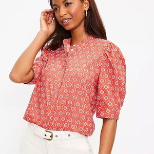 Loft Geo Puff Sleeve Blouse Red Size Large Button up